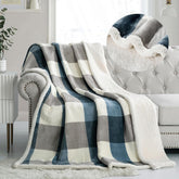 Wool blanket 60 inches x 80 inches reversible plush fluffy plus size plaid flannel sofa bed blanket (gray soft blue, 60 inches * 80 inches)