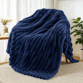 Wool sofa blanket, ultra soft striped jacquard bed blanket, lightweight and comfortable all year round, 50x60 inches, navy blue