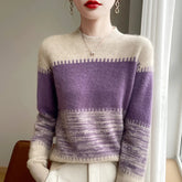 100% wool round neck contrasting striped jumper autumn and winter thick warm long sleeved sweater soft short top