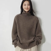 High neck women's wool sweater long sleeved casual loose cashmere pullover sweater
