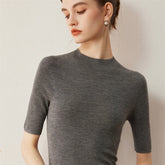 Autumn Women's 100% Wool Yangtze Yarn Pullover French Minimalist Solid Knit Sweater Short Sleeve Half High Collar Slim Fit Tops