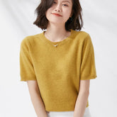Spring and summer new short sleeved women's O-neck slim fit wool cotton blended pullover sweater