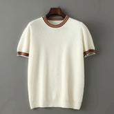 2026 Summer New Fashion Round Neck 100% Wool Knitted Short Sleeve Splicing Business Casual T-shirt for Men's Clothing Loose England T-shirt