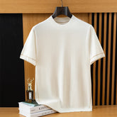Men's semi high neck spun sweater T-shirt, summer knitted casual loose short sleeved sweater
